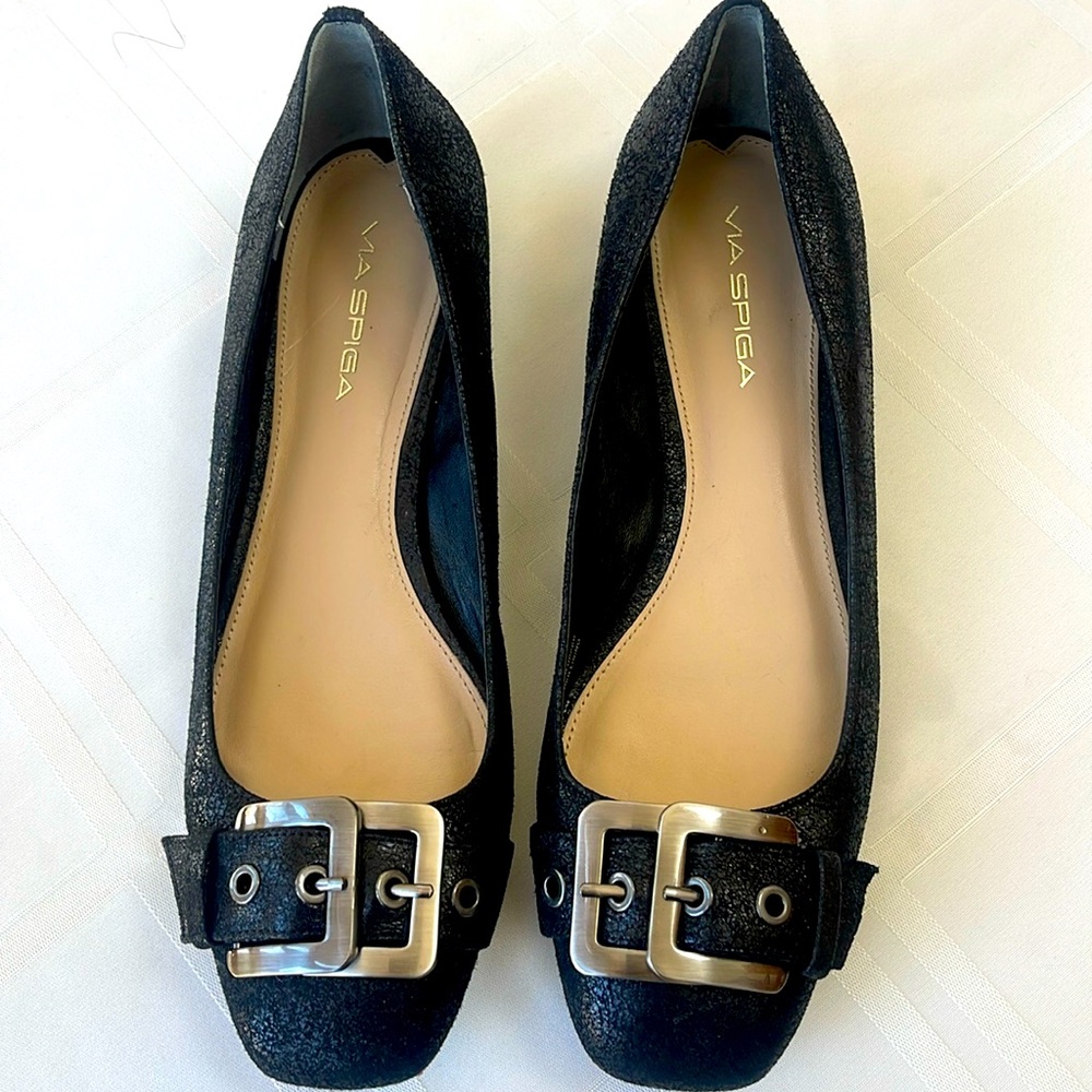 Via Spiga black soft leather gorgeous flats with silver colored buckles. 8.5M